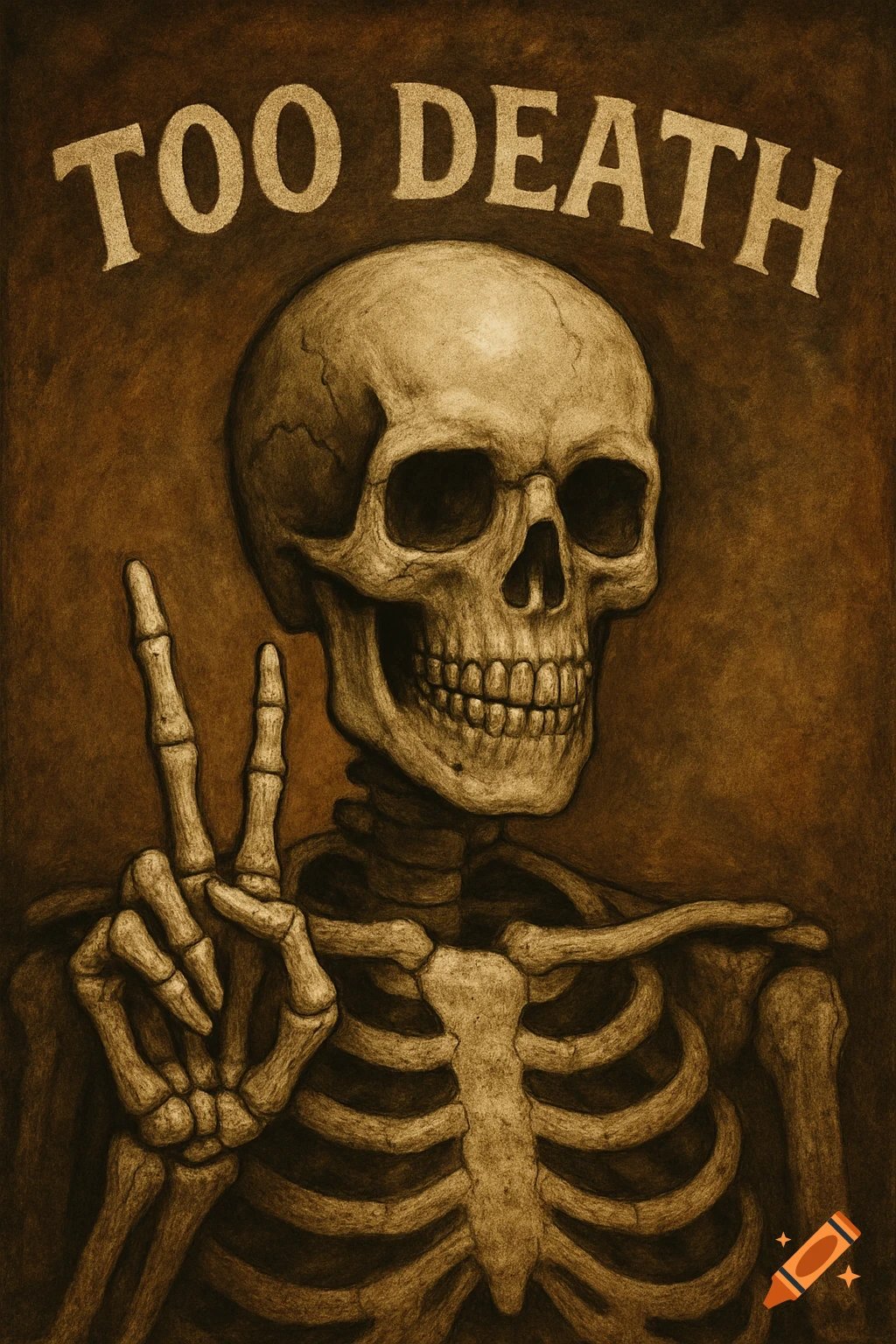 Sepia-toned drawing of a skeleton making a peace sign with its left hand, text 'TOO DEATH' above its head.