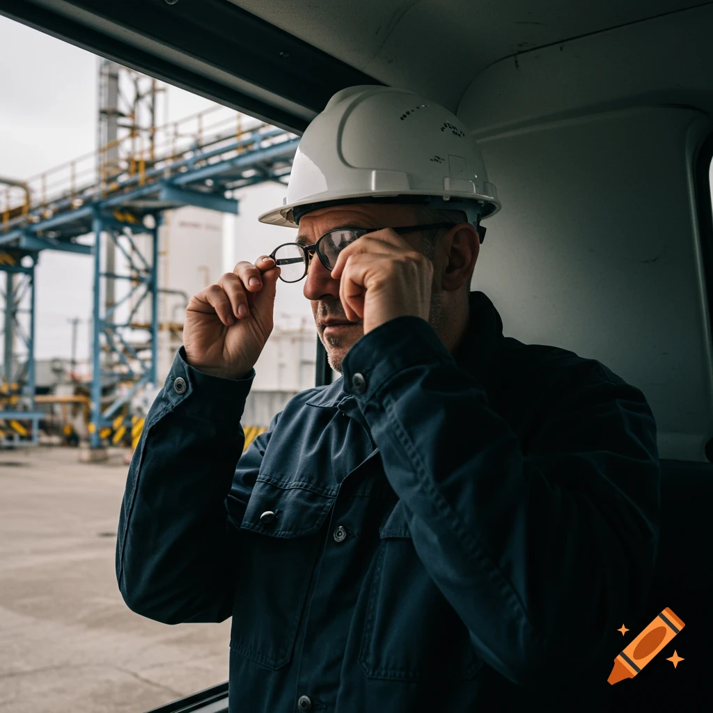 Man in hard hat and work jacket adjusts glasses at an industrial plant.