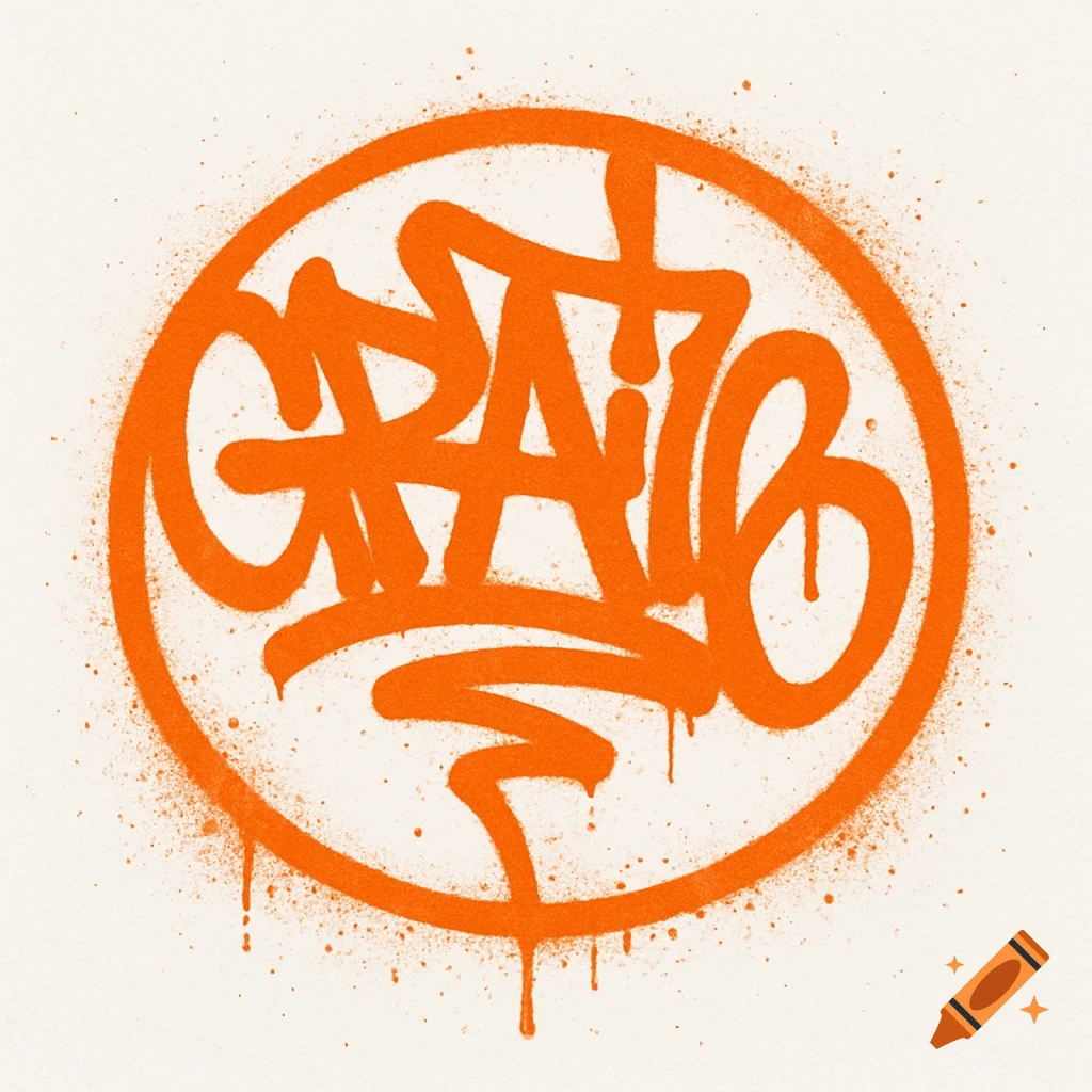 Orange graffiti tag inside a circle with paint drips and splatters on a white background.