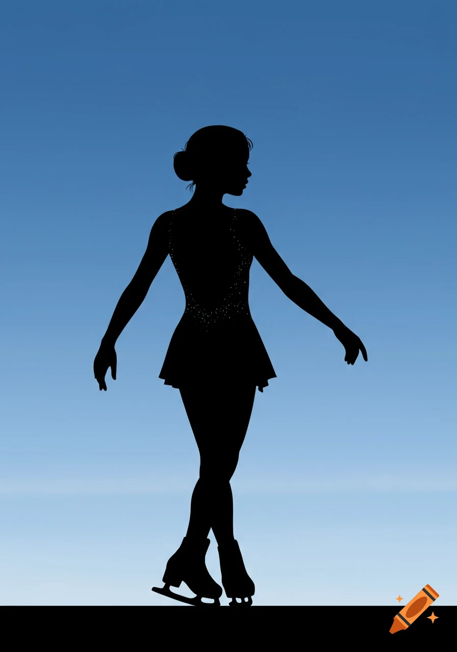A black silhouette of a figure skater in a pose against a blue gradient sky.