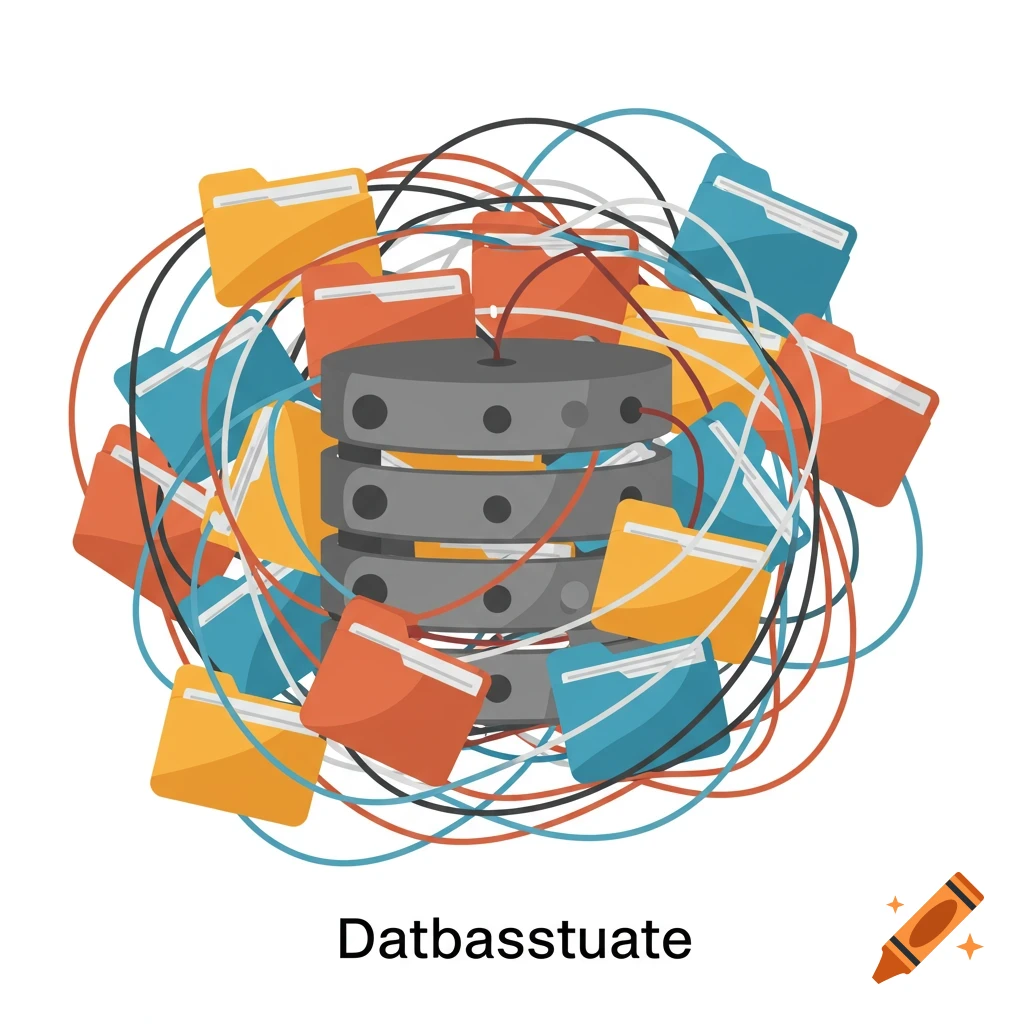An illustration of a cluttered database system, showing a server surrounded by folders and wires.