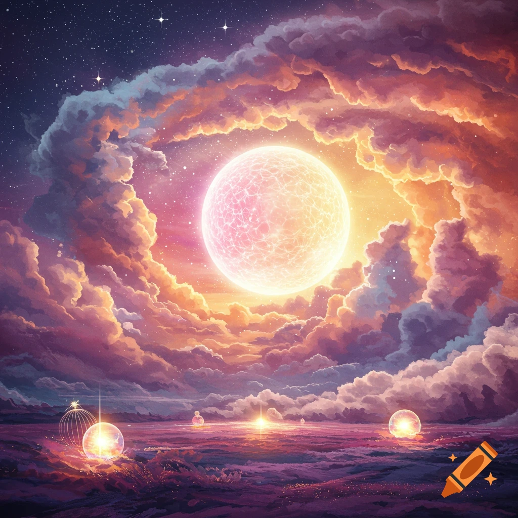 A glowing orb amidst swirling clouds over a reflective alien landscape under a starry sky.