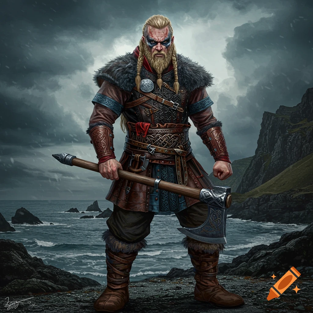 A Viking warrior holding an axe, standing by the sea under a stormy sky.