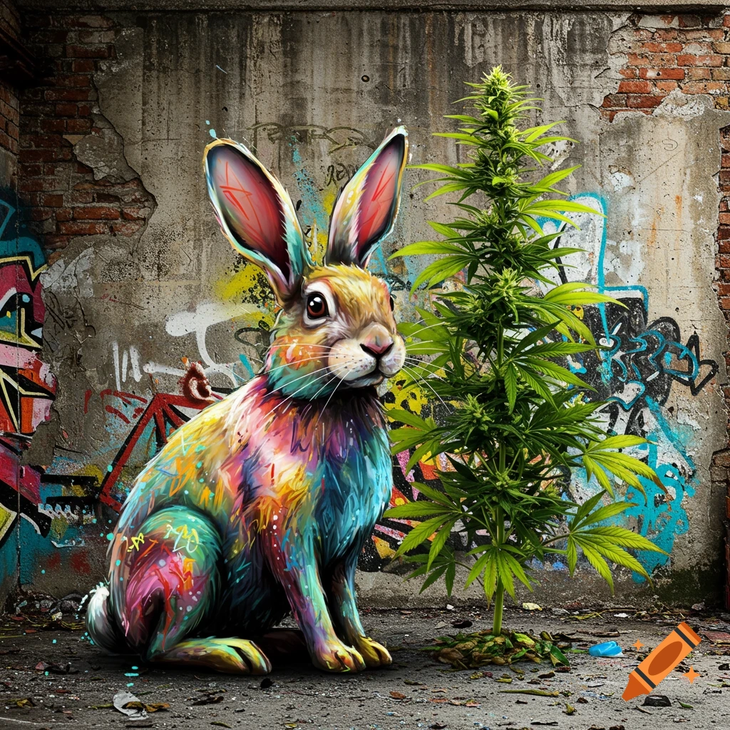 A colorful, graffiti-painted rabbit sits next to a cannabis plant against a background of graffiti-covered walls.