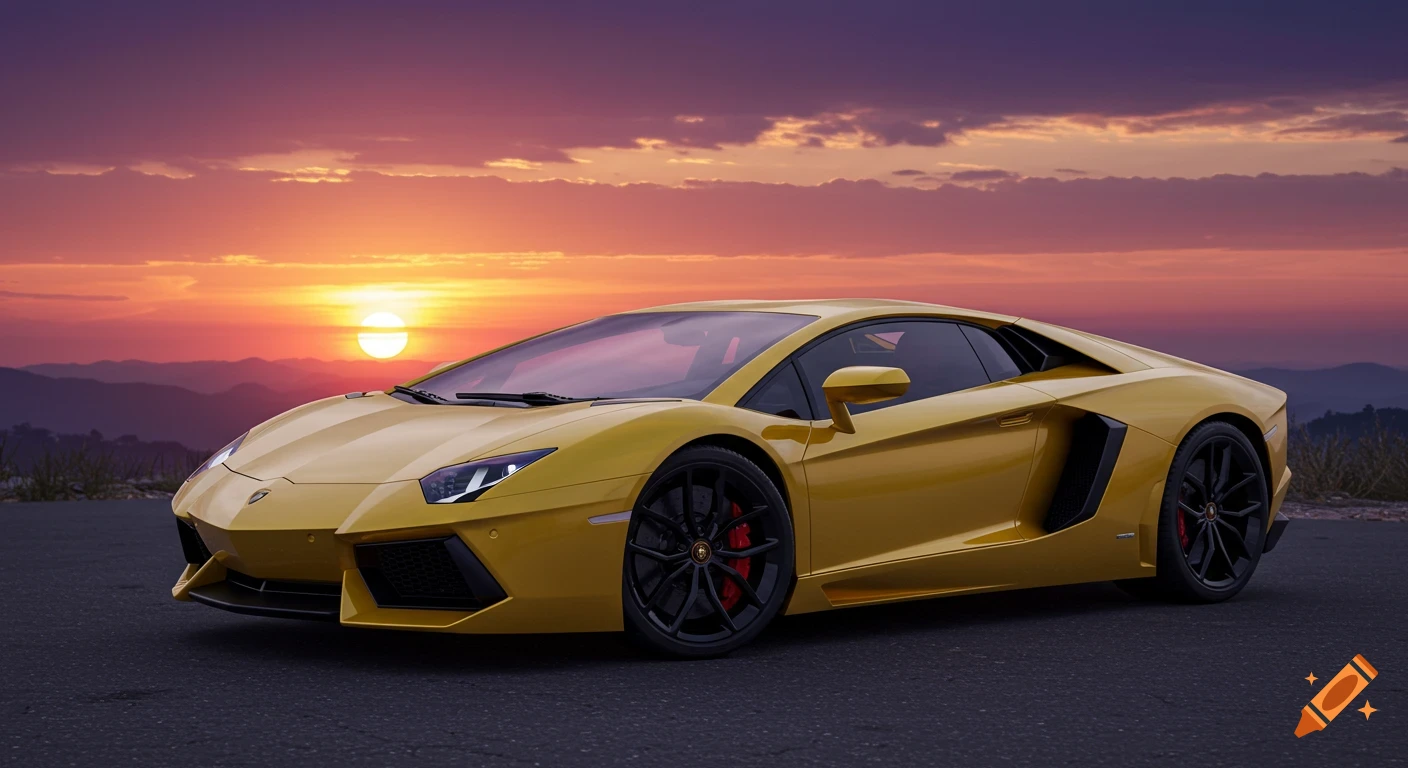 A yellow Lamborghini Aventador parked on a road with a sunset behind it.