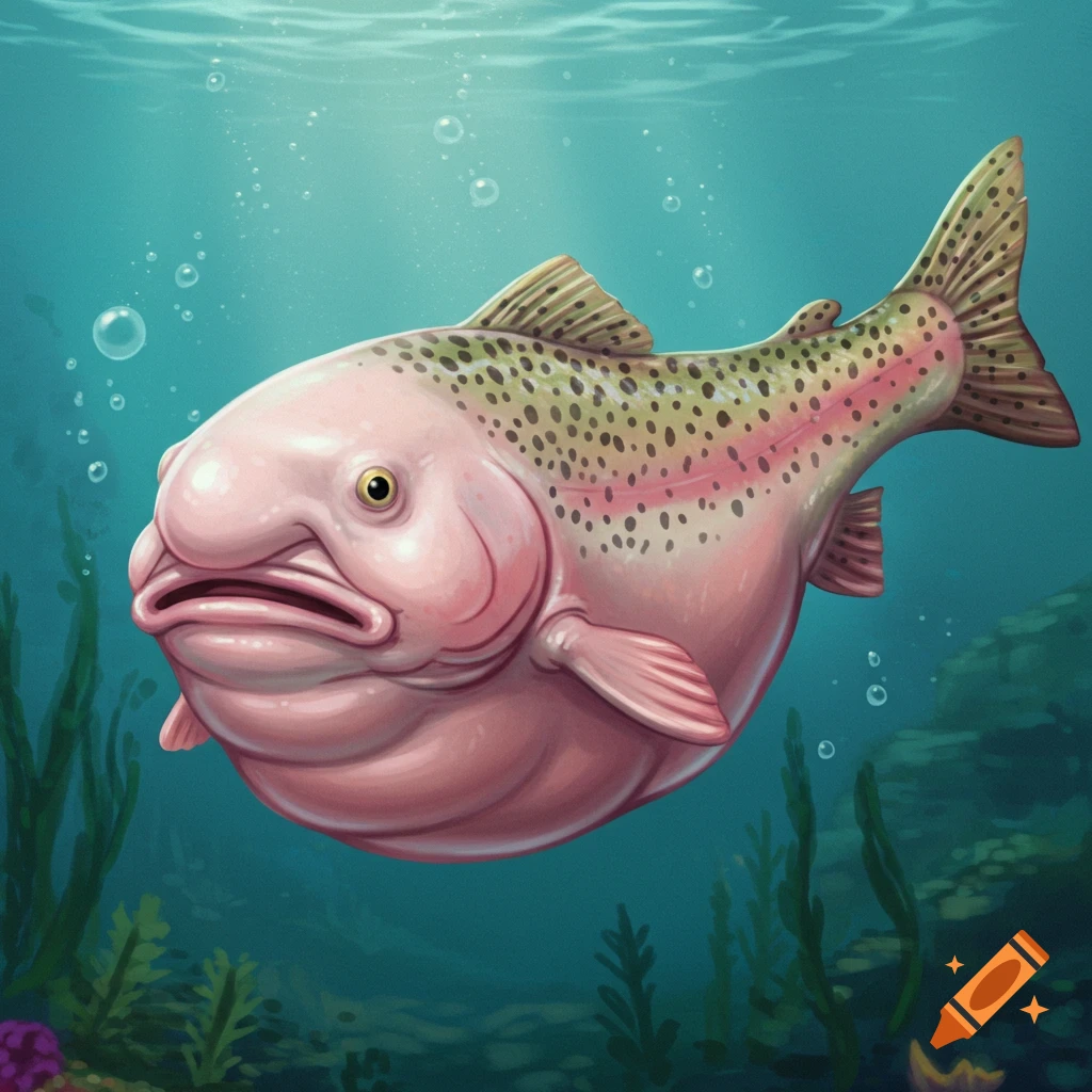 A hybrid blob fish and trout swimming underwater.