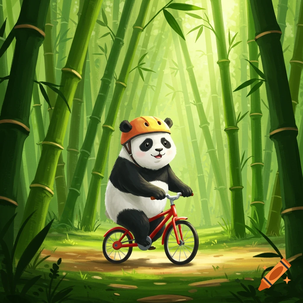 A panda wearing a helmet rides a bicycle through a bamboo forest.