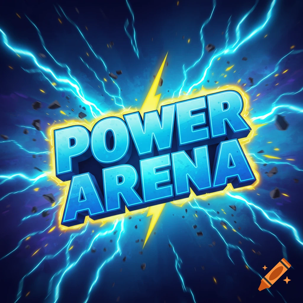 Logo with blue text POWER ARENA over a yellow lightning bolt and blue lightning.