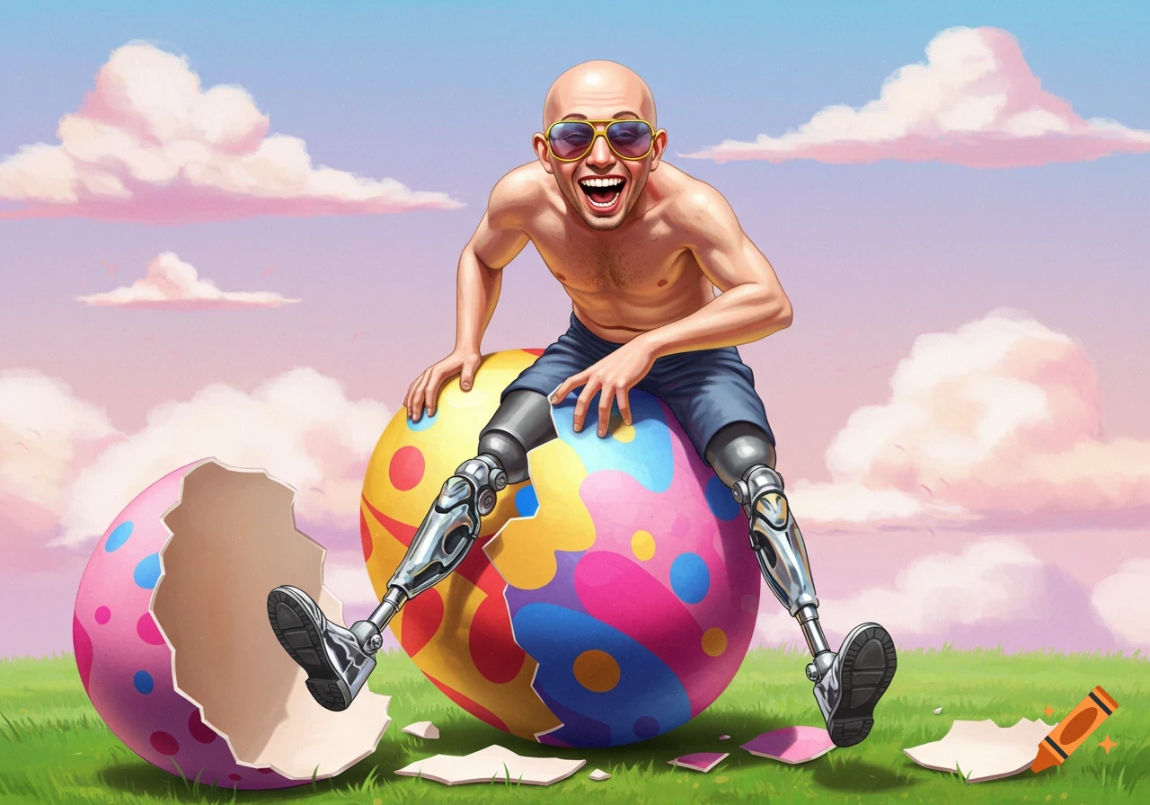Bald man with prosthetic legs sits smiling on a large Easter egg, breaking it, in a grassy field.