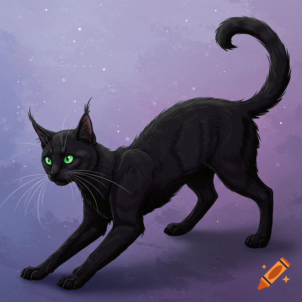 A black cat with green eyes stretches against a starry purple background.