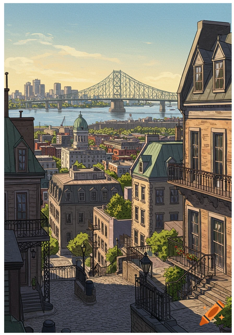 A city view with historic buildings, a river, and a bridge in the distance.