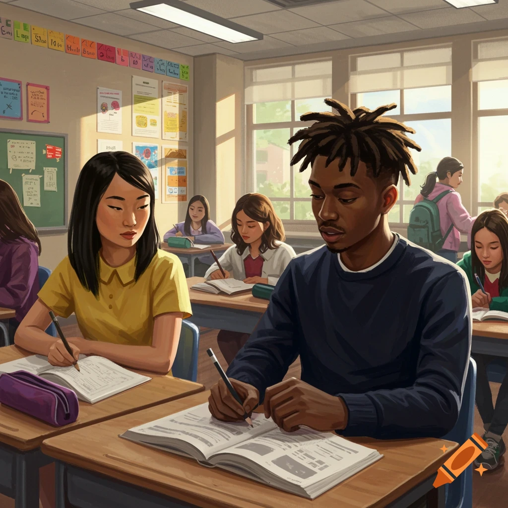 A vibrant image of students studying in a brightly lit classroom.