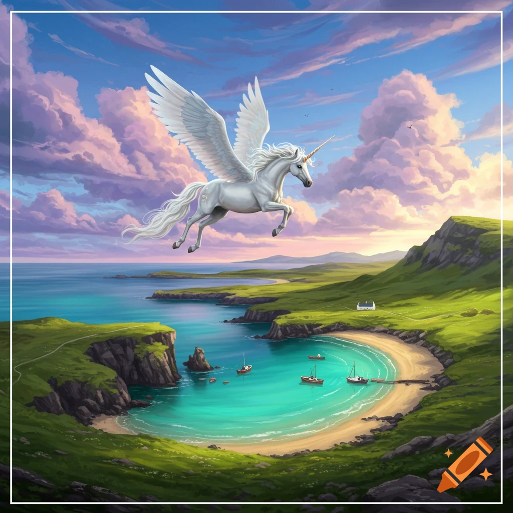 A winged unicorn flying over a scenic bay