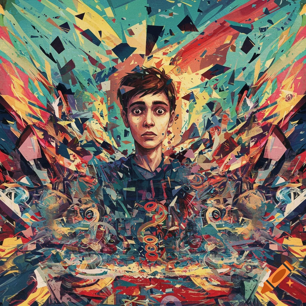 A person with a distressed expression is surrounded by a chaotic explosion of colorful abstract shapes
