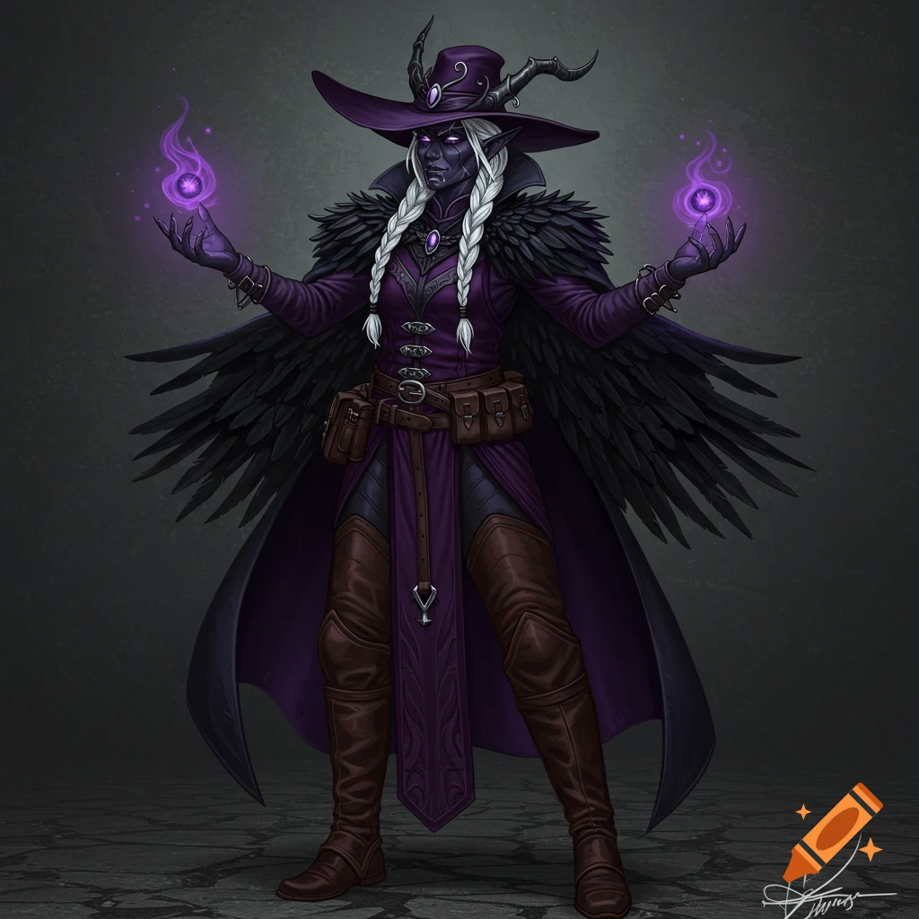 A fantasy illustration of a dark-skinned woman with white braids, wearing purple robes, a raven feather cloak, and a horned hat, casting purple magic.