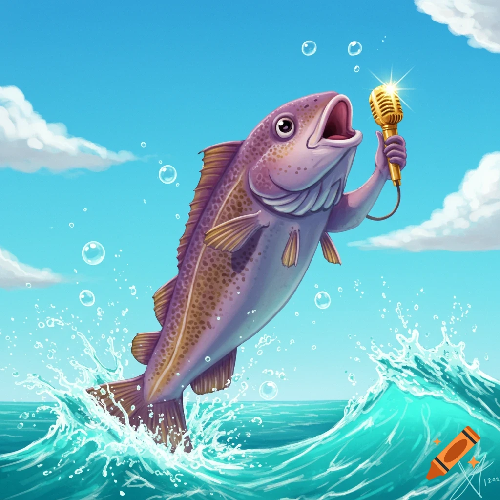 A cartoon fish jumps out of the ocean waves, holding a golden microphone and singing. Illustration.