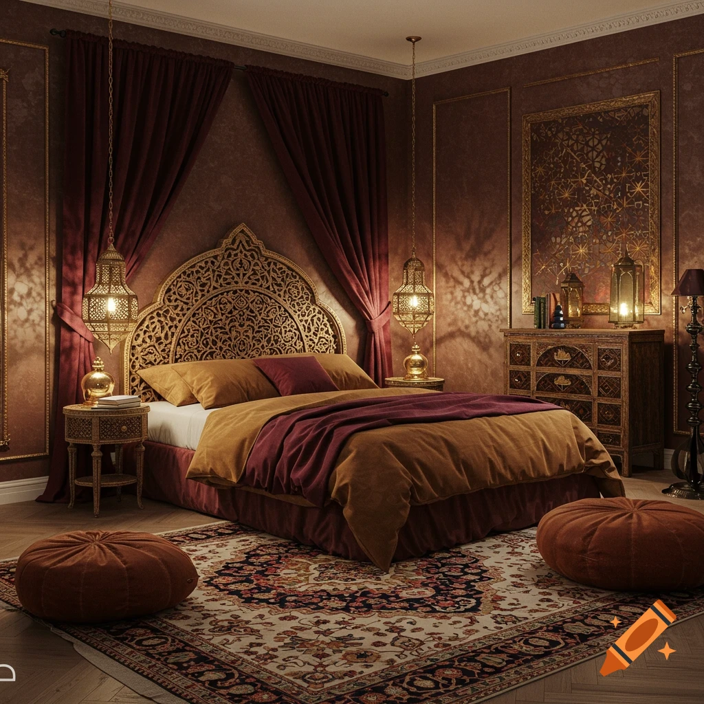 An opulent Arabian Nights inspired bedroom with a carved bed, lanterns, and richly patterned rug.
