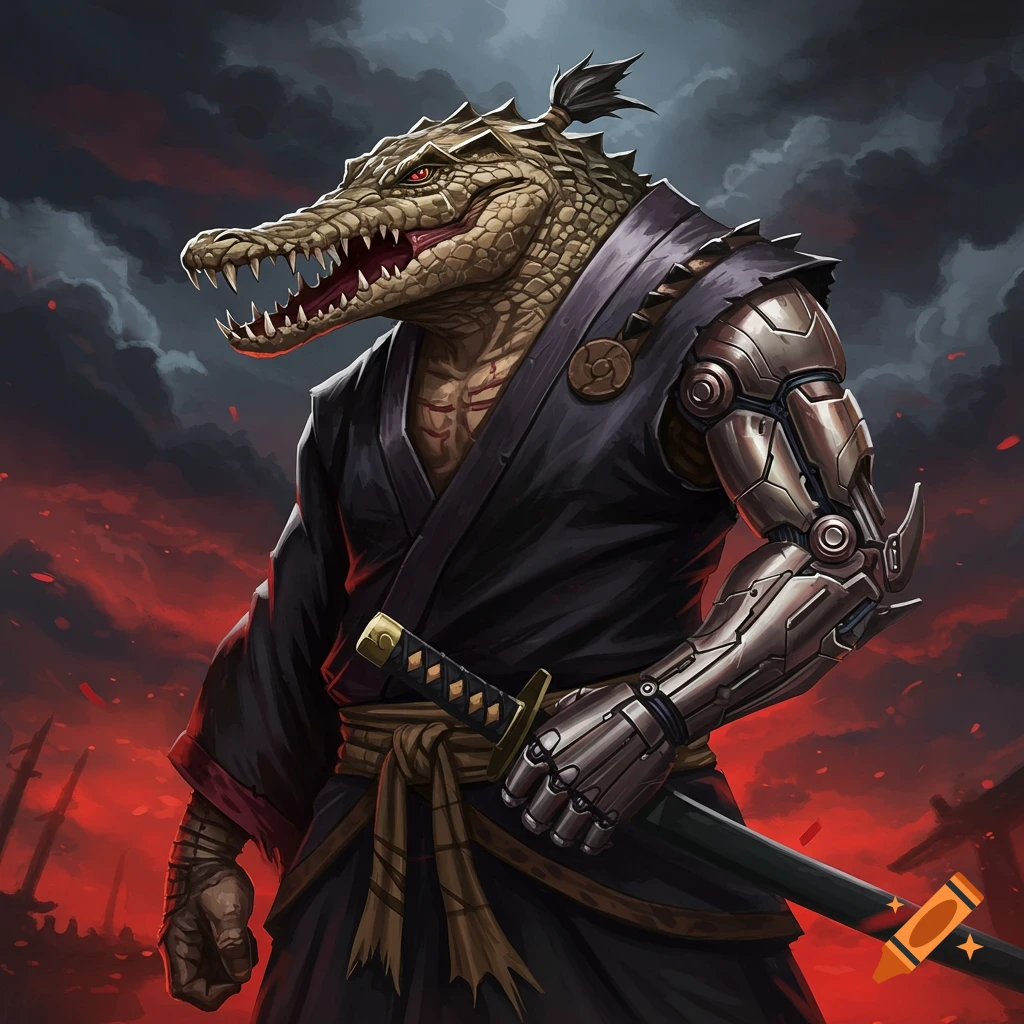 Anthropomorphic crocodile ronin with a metal arm holds a katana.
