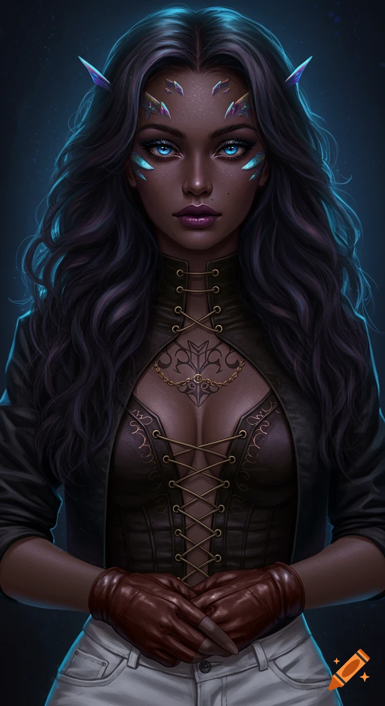 A fantasy woman with dark skin, blue eyes, face crystals, and dark hair is wearing a dark jacket and brown gloves.