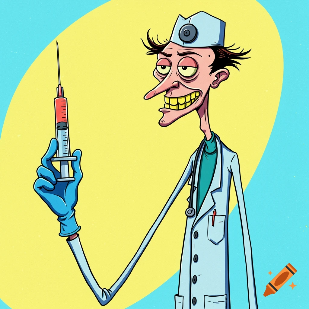 Cartoon doctor with a long nose and yellow teeth holds a syringe in a blue glove.