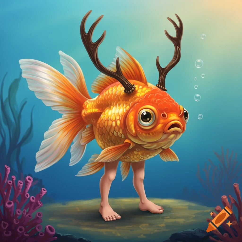 A goldfish with human feet and deer antlers standing underwater