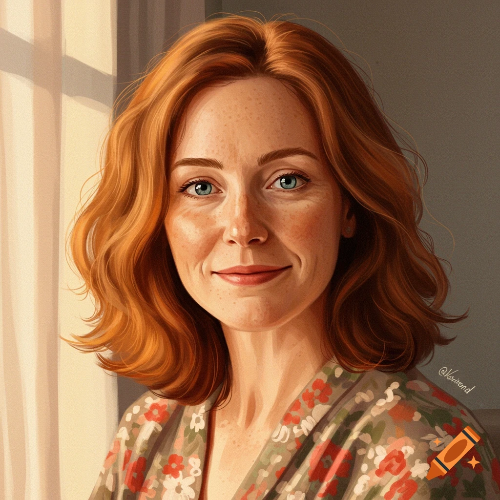 A red-haired woman with freckles smiling in sunlight.