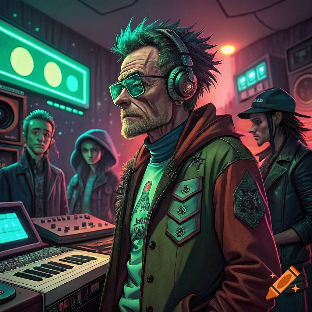 Stylized portrait of a man with green hair, beard, glasses, and headphones in a music studio with synthesizers and other people.