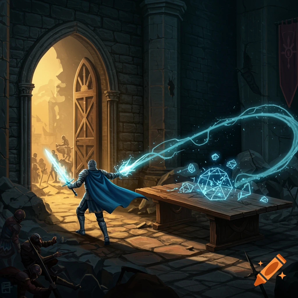 A magic knight casting spells at geometric shapes on a table in a castle doorway.