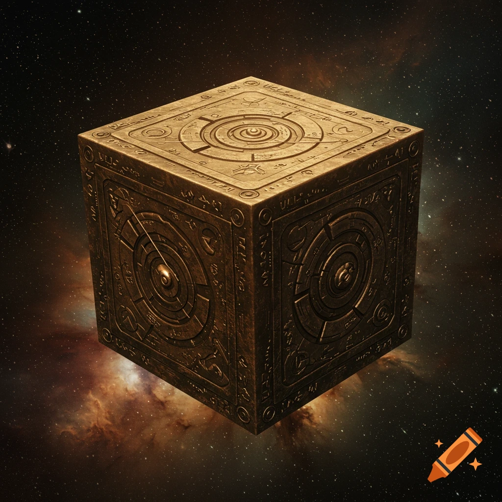 A detailed golden cube with intricate symbols floats in space against a background of stars and a nebula.