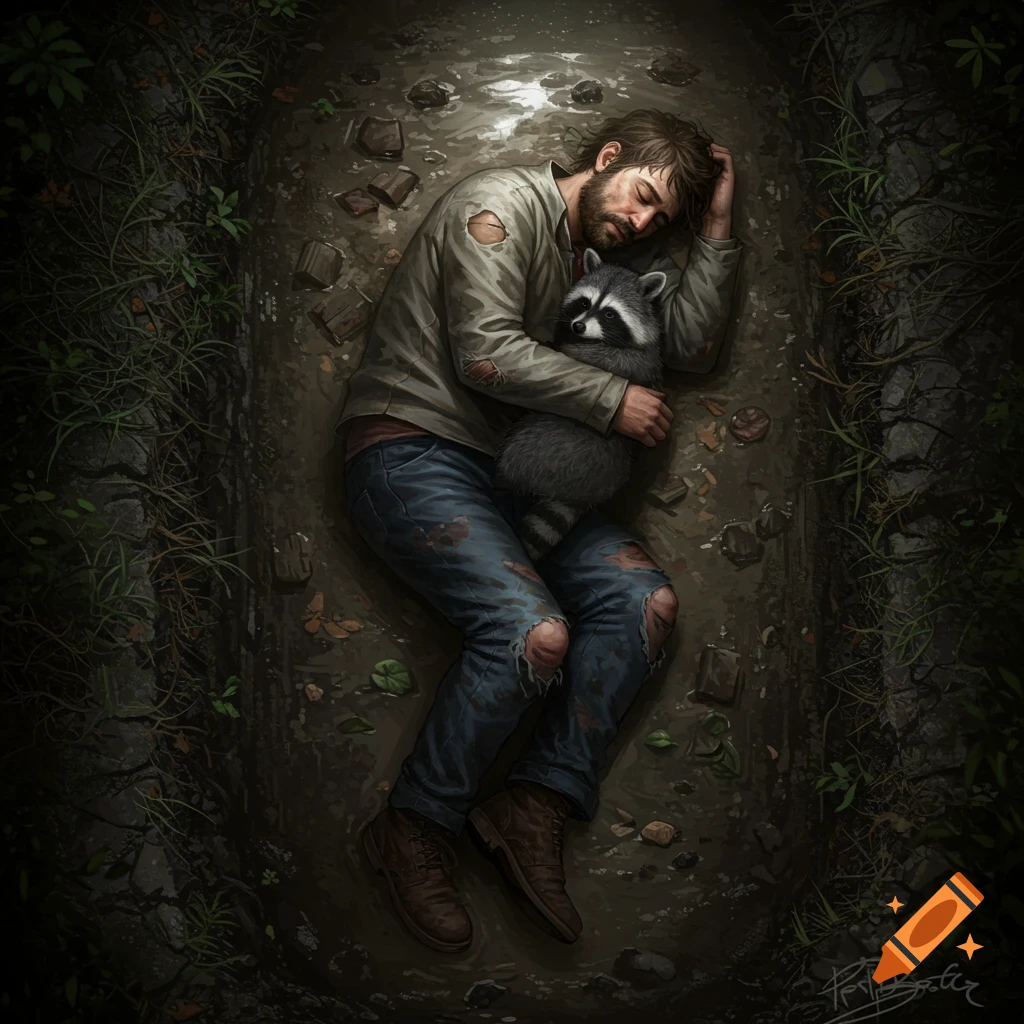 A man sleeps in a ditch hugging a raccoon.