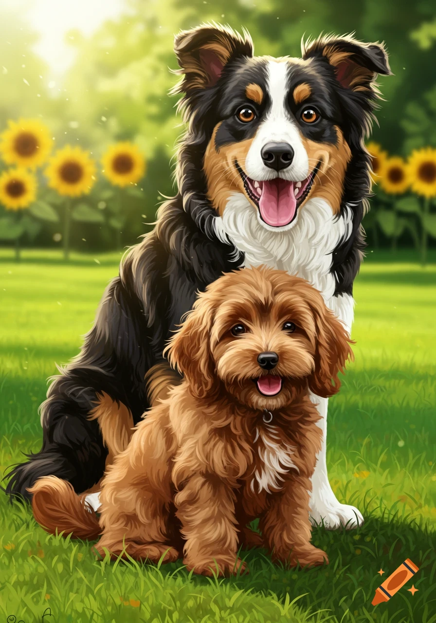 An enthusiastic border collie and a cheerful brown cockapoo sitting in a field with sunflowers.