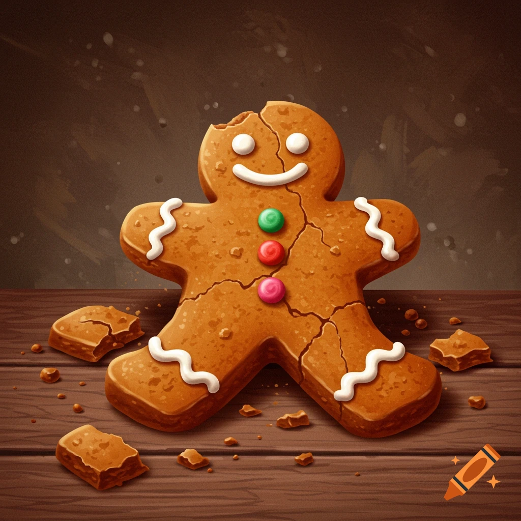 Broken gingerbread man on a wooden table.