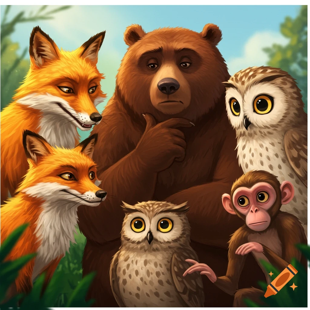 A bear, foxes, owls, and a monkey talking in a forest.