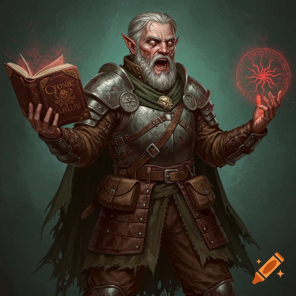 A wild-eyed half-elf sorcerer in armor holds a magical book and casts a spell.