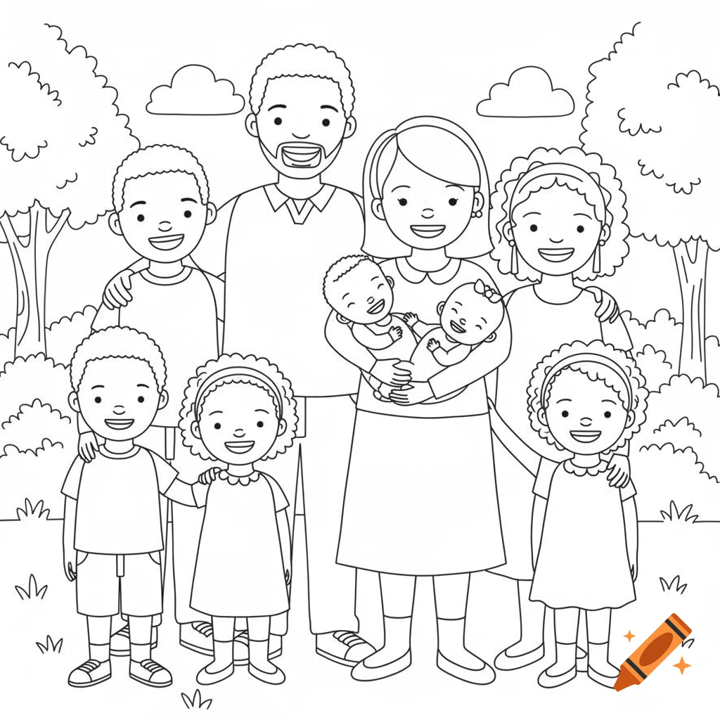 Line art coloring page of a happy Black family with four children, including babies, standing in a park.