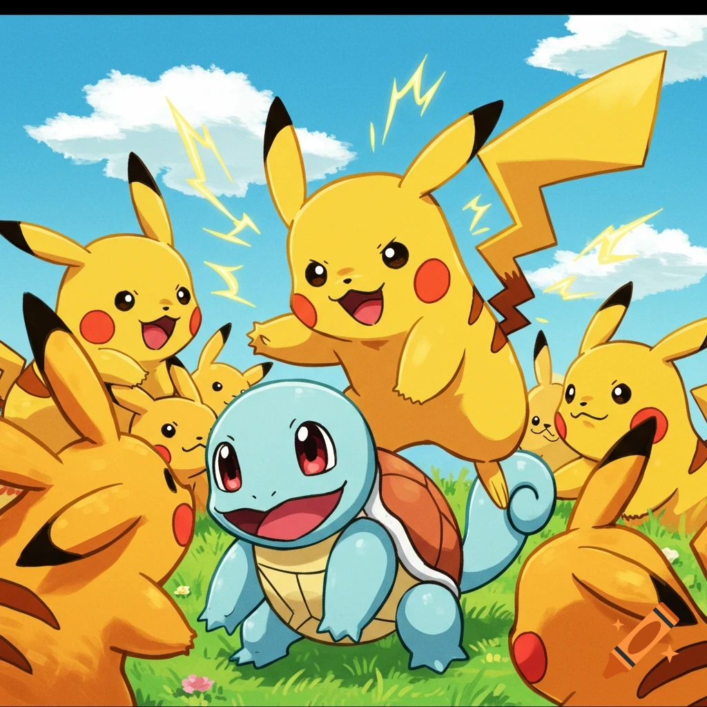 Multiple Pikachus surround Squirtle in a grassy field under a blue sky with clouds and lightning bolts.