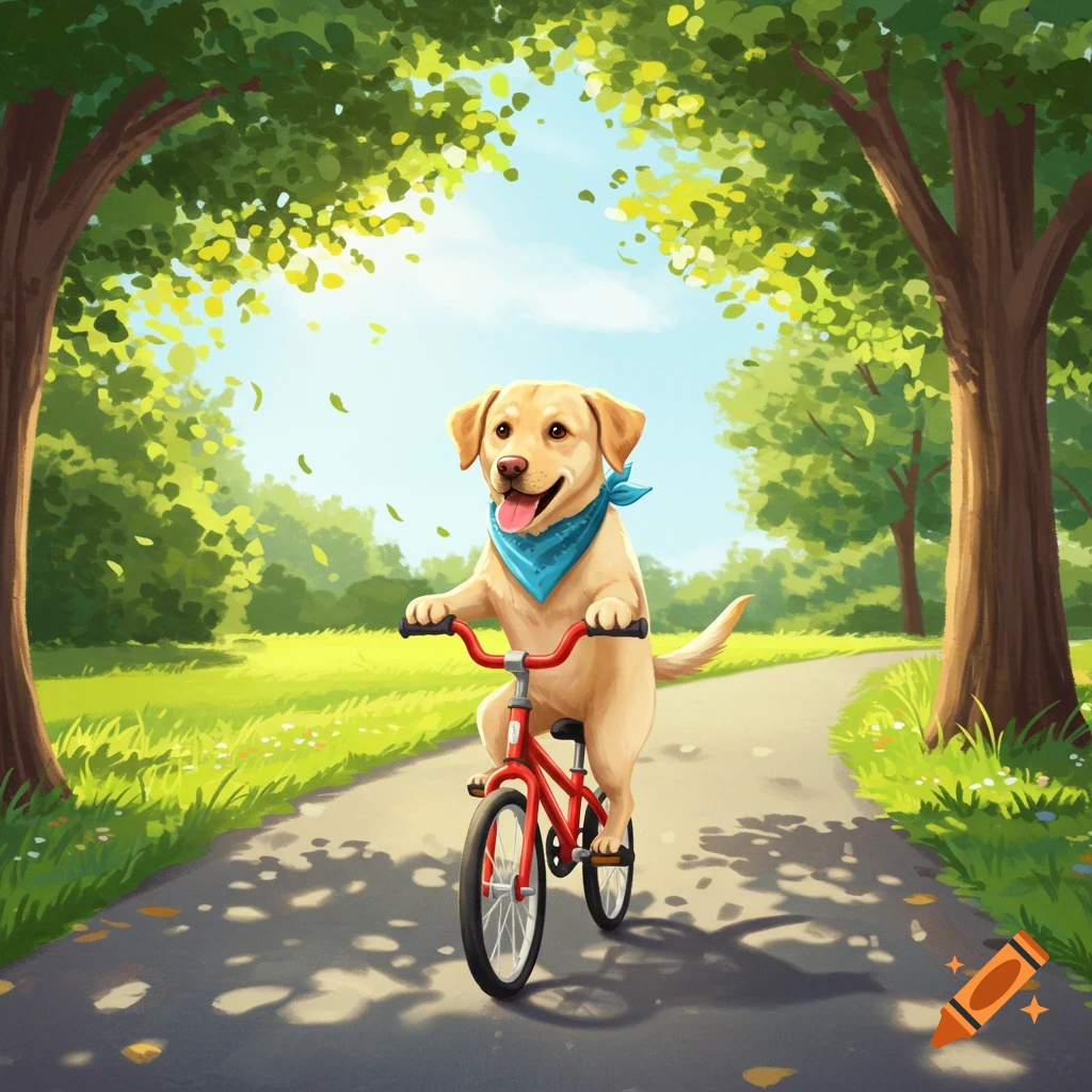 A yellow labrador riding a red bike on a sunny park path.