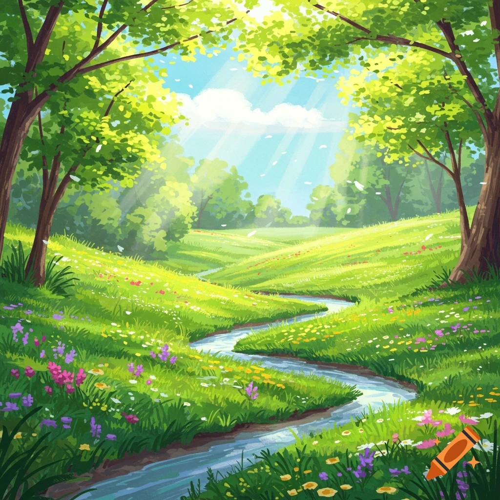 A bright, stylized image of a winding stream flowing through a vibrant green meadow filled with colorful flowers under sunlit trees.