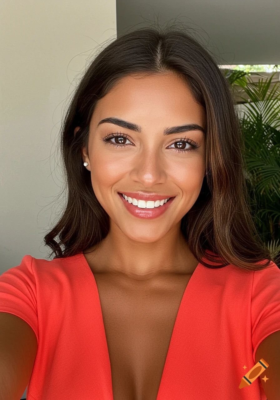Close-up selfie of a beautiful smiling woman with long brown hair wearing a coral top.