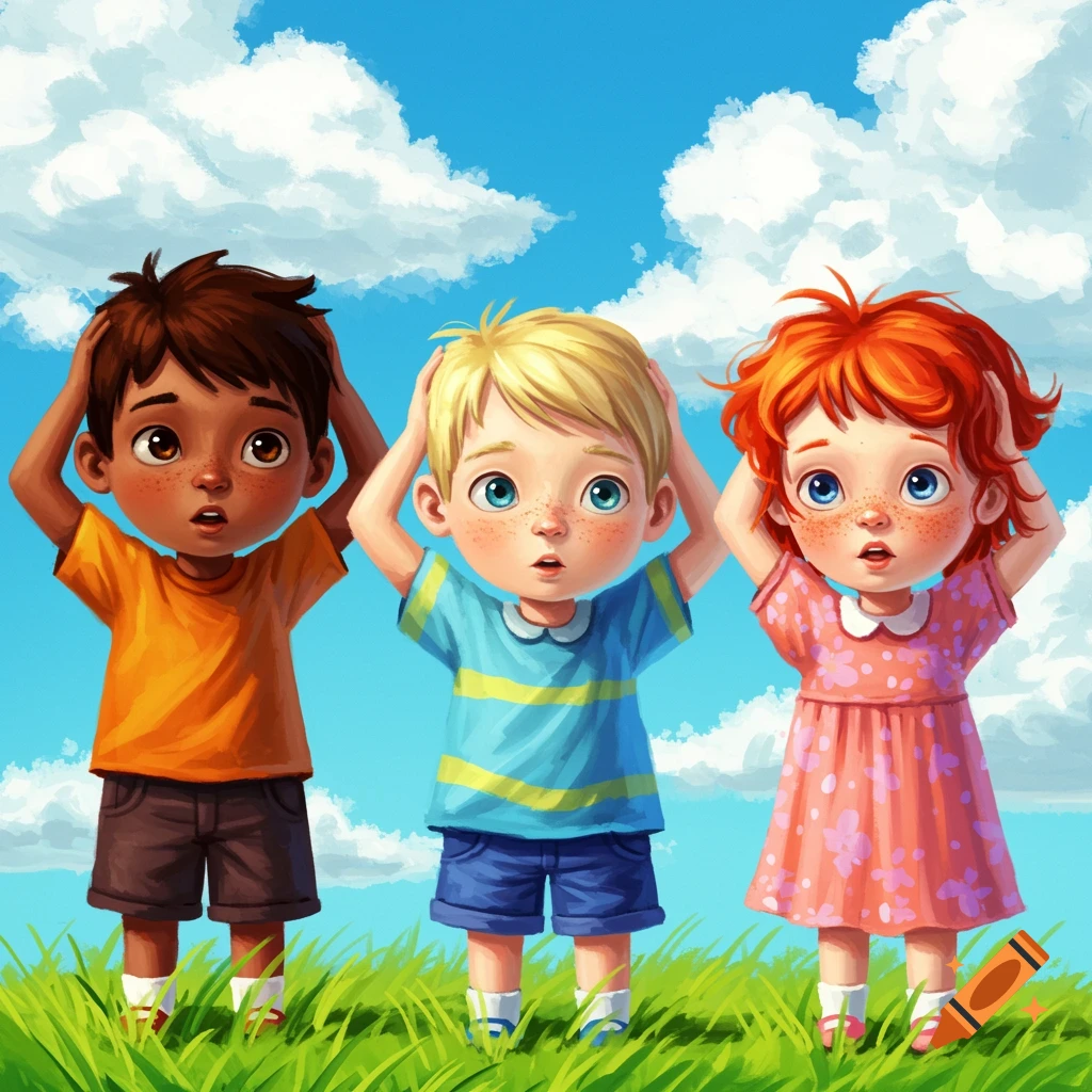 Three diverse children with hands on their heads in a bright, whimsical scene outdoors.
