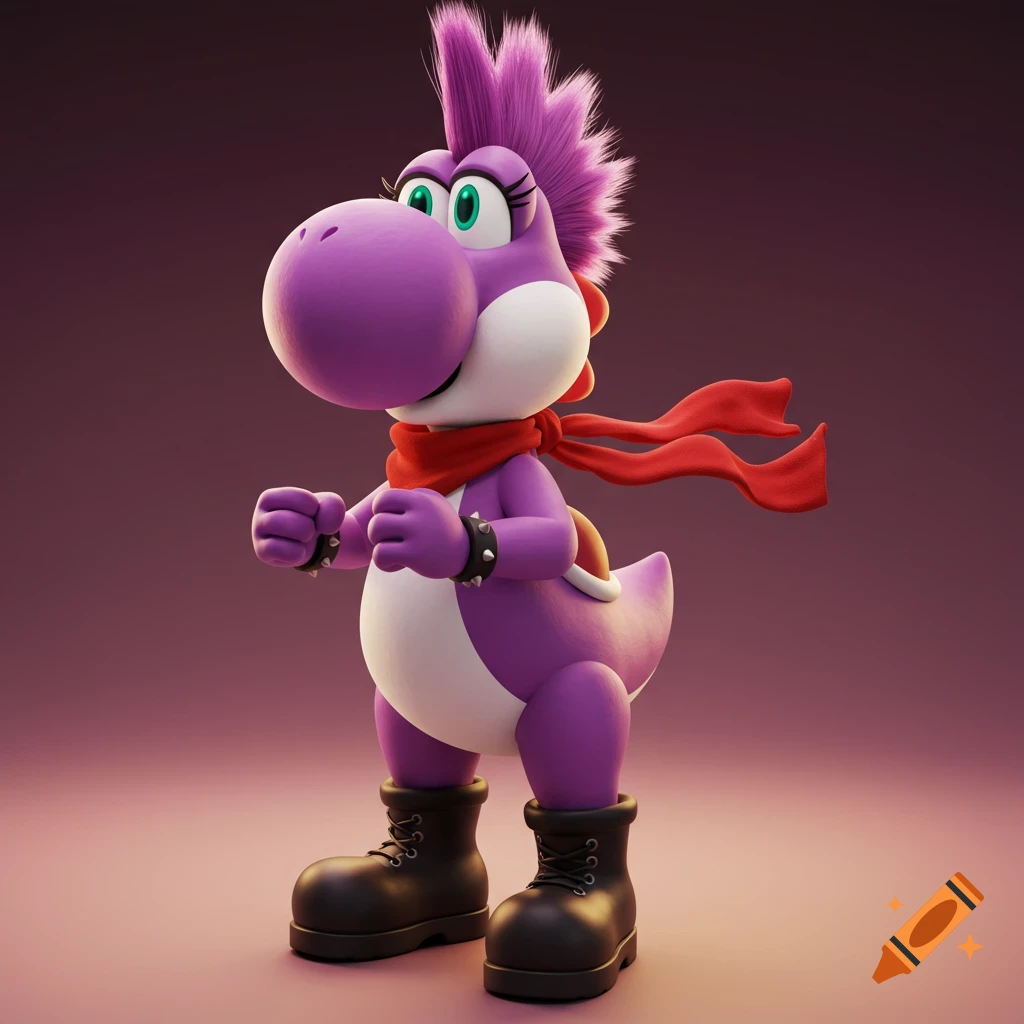 A purple Yoshi character with a punk hairstyle, red scarf, and black boots stands looking left.