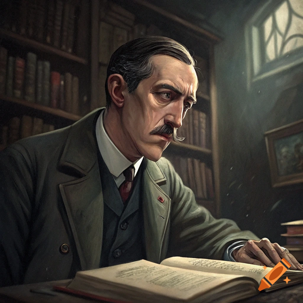 Portrait of a man with a mustache reading a book in a library