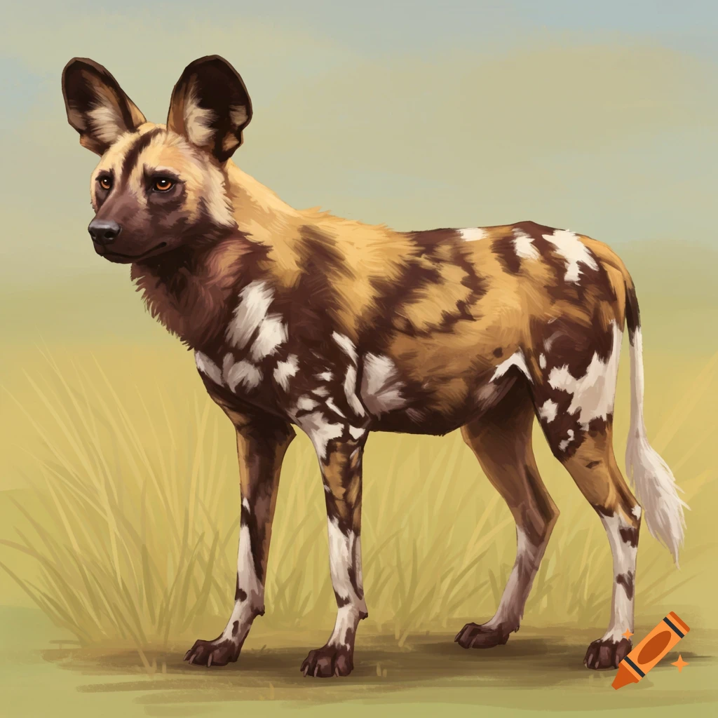 An African Wild Dog standing in tall grass.