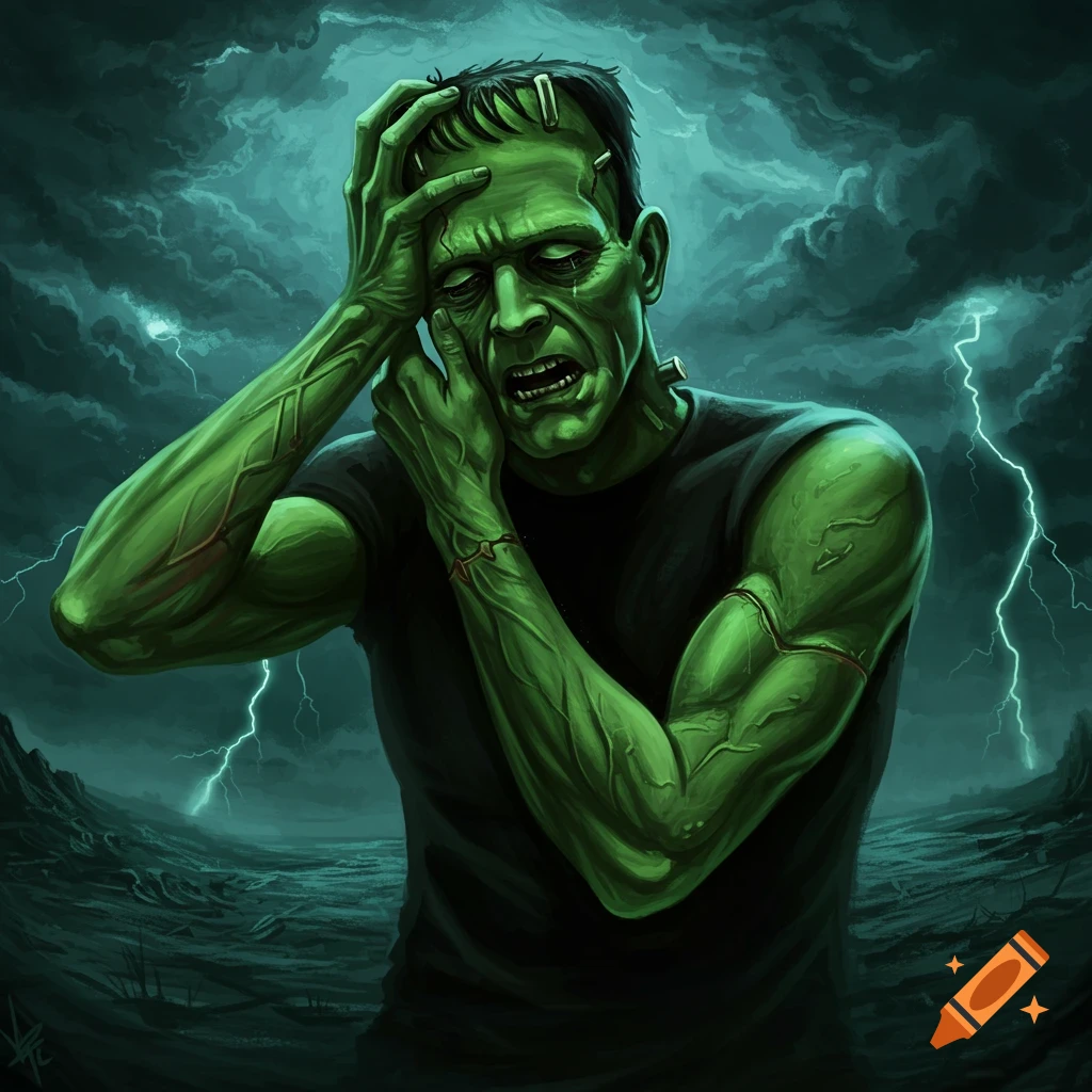 Frankenstein's monster looks distressed under a stormy sky.