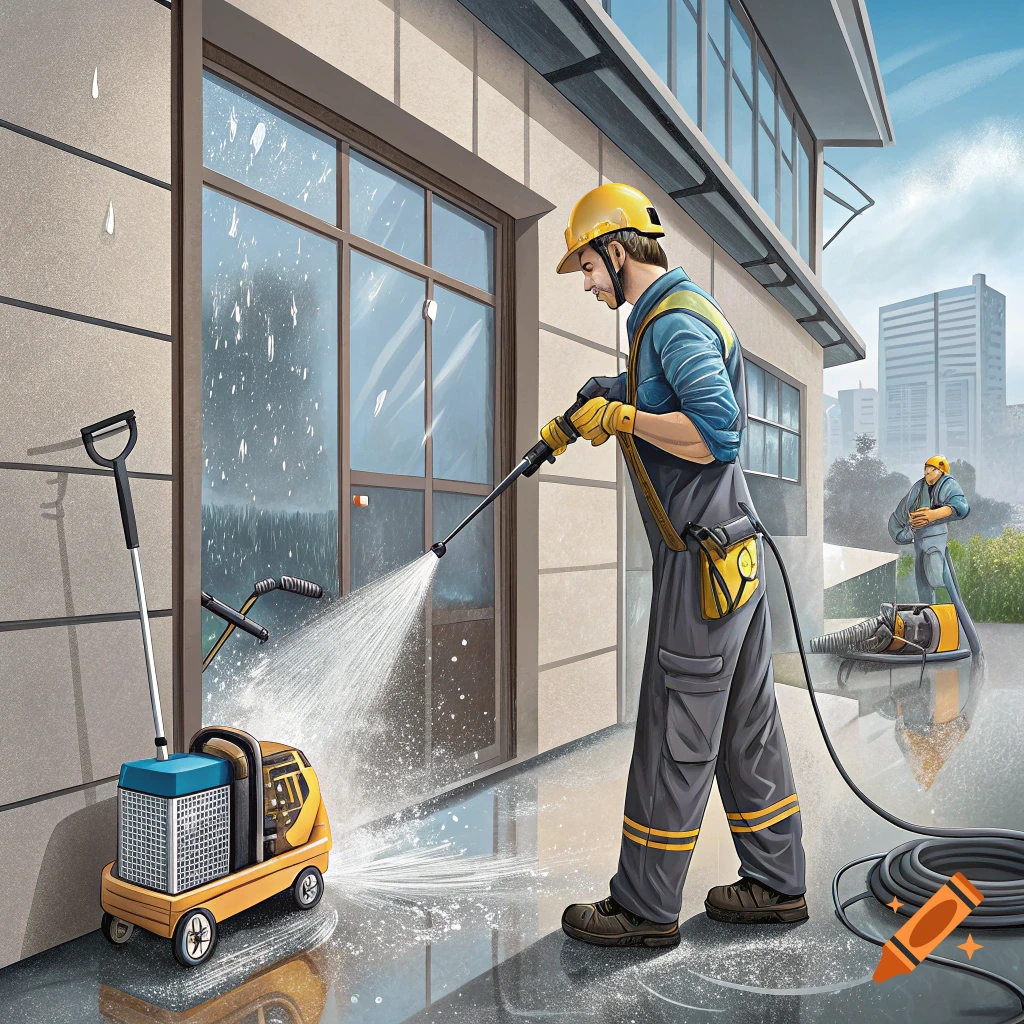 Man power washing building facade.