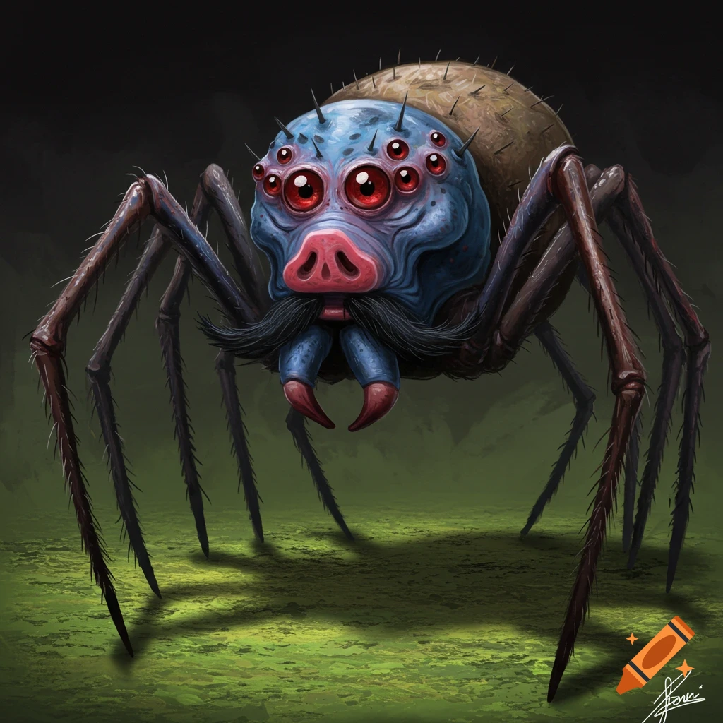 A blue spider creature with a pig snout, mustache, and multiple red eyes stands on green ground.