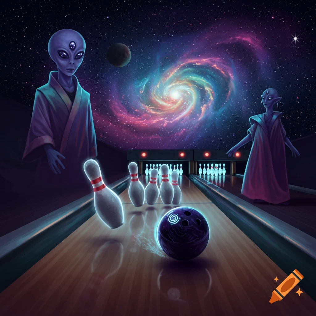 Two aliens bowling in space with a galaxy backdrop.