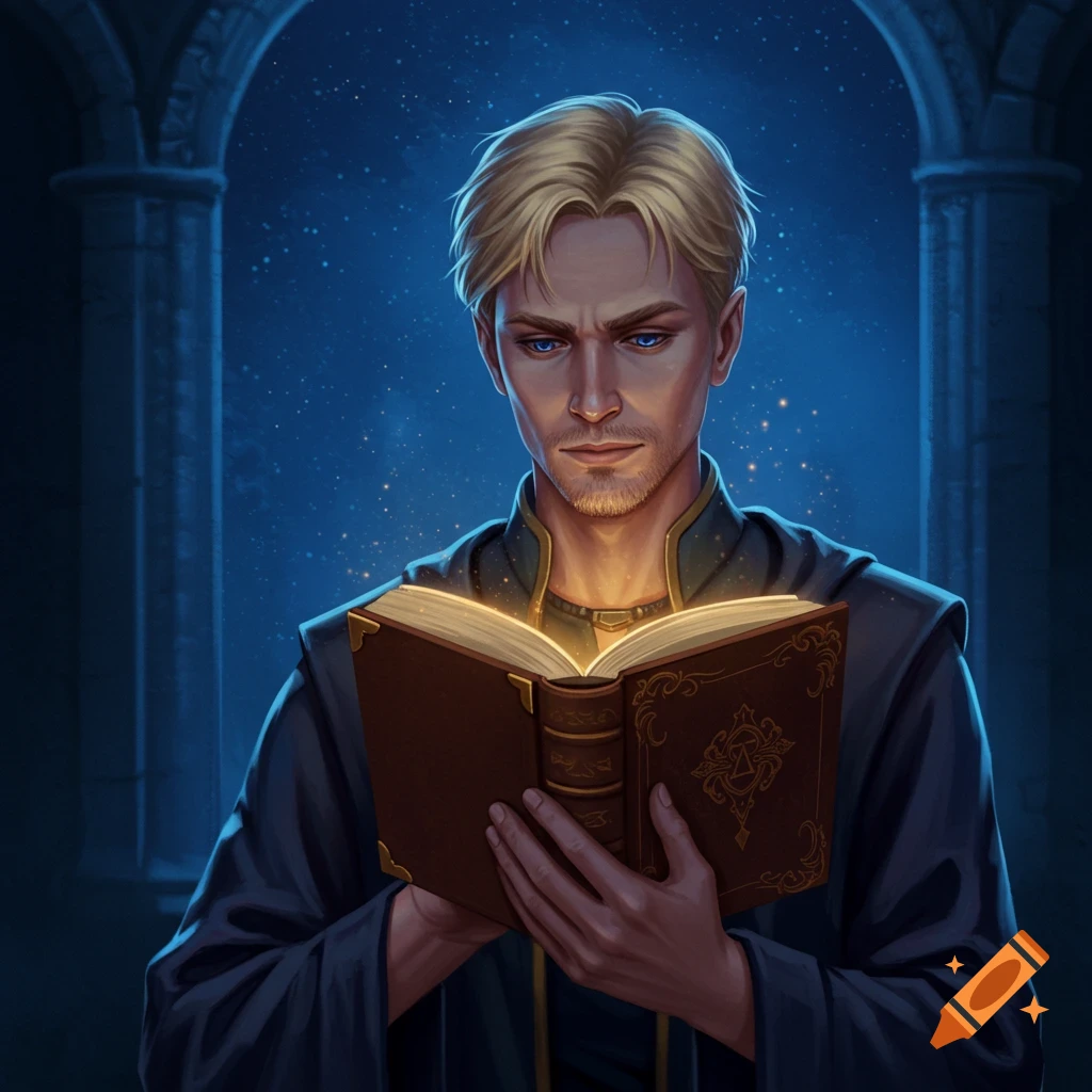 A blonde wizard in robes reads a glowing book under moonlight in an archway.