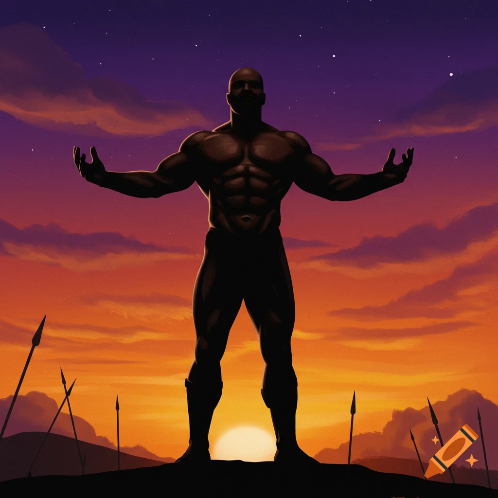 Silhouette of a muscular man standing on a hill at sunset with spears.