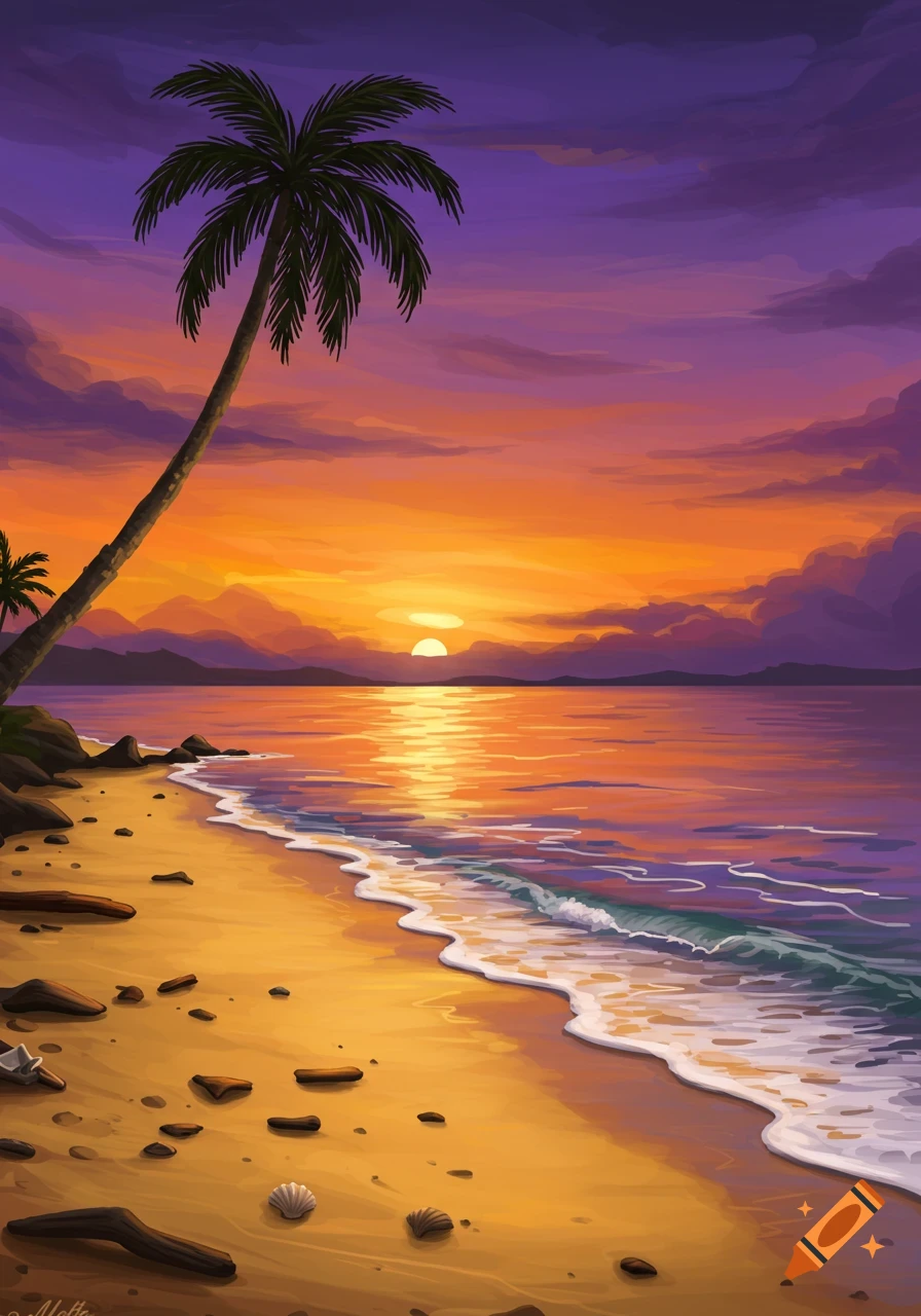 A tropical beach at sunset with a palm tree.